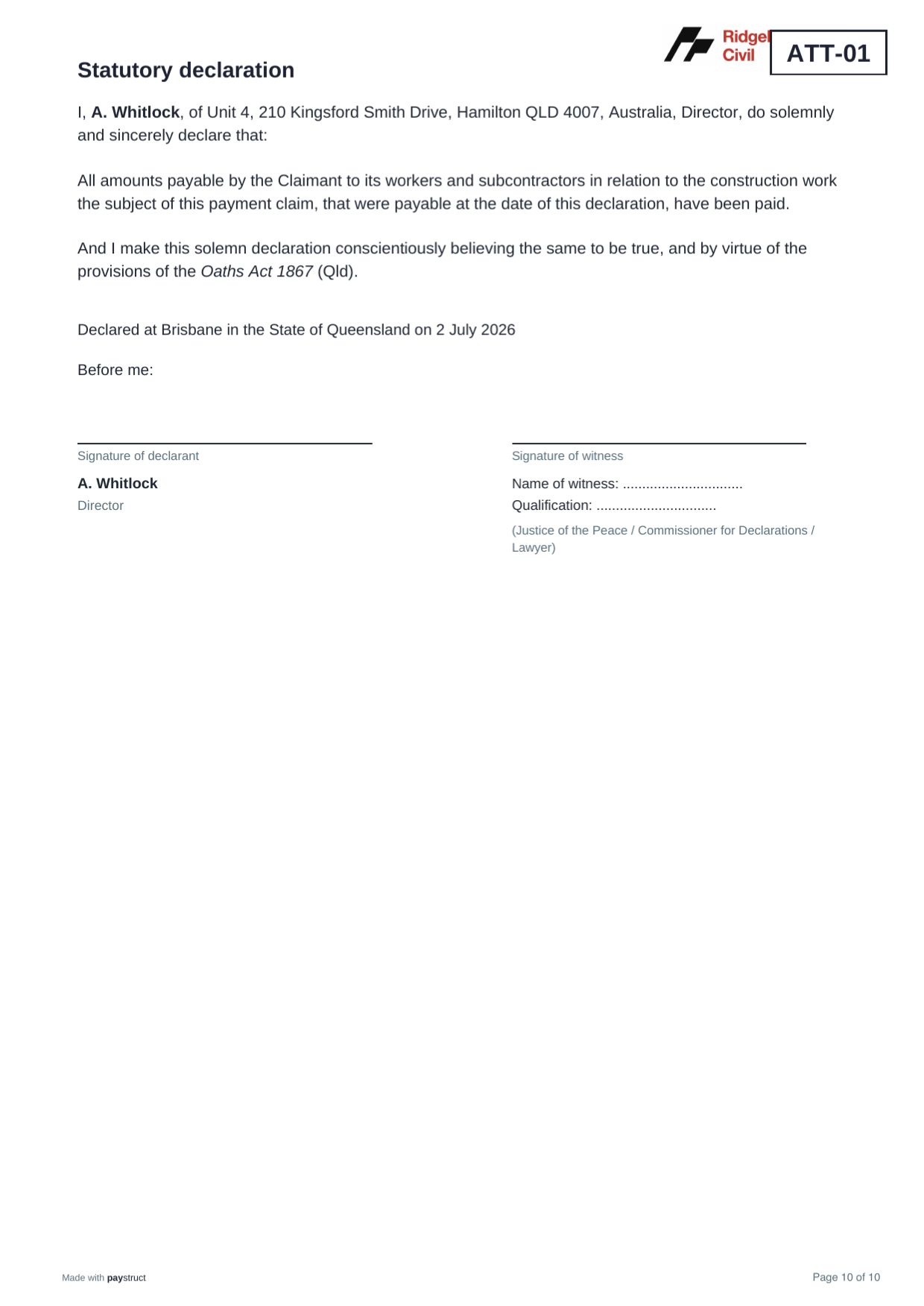 Statutory declaration (optional)